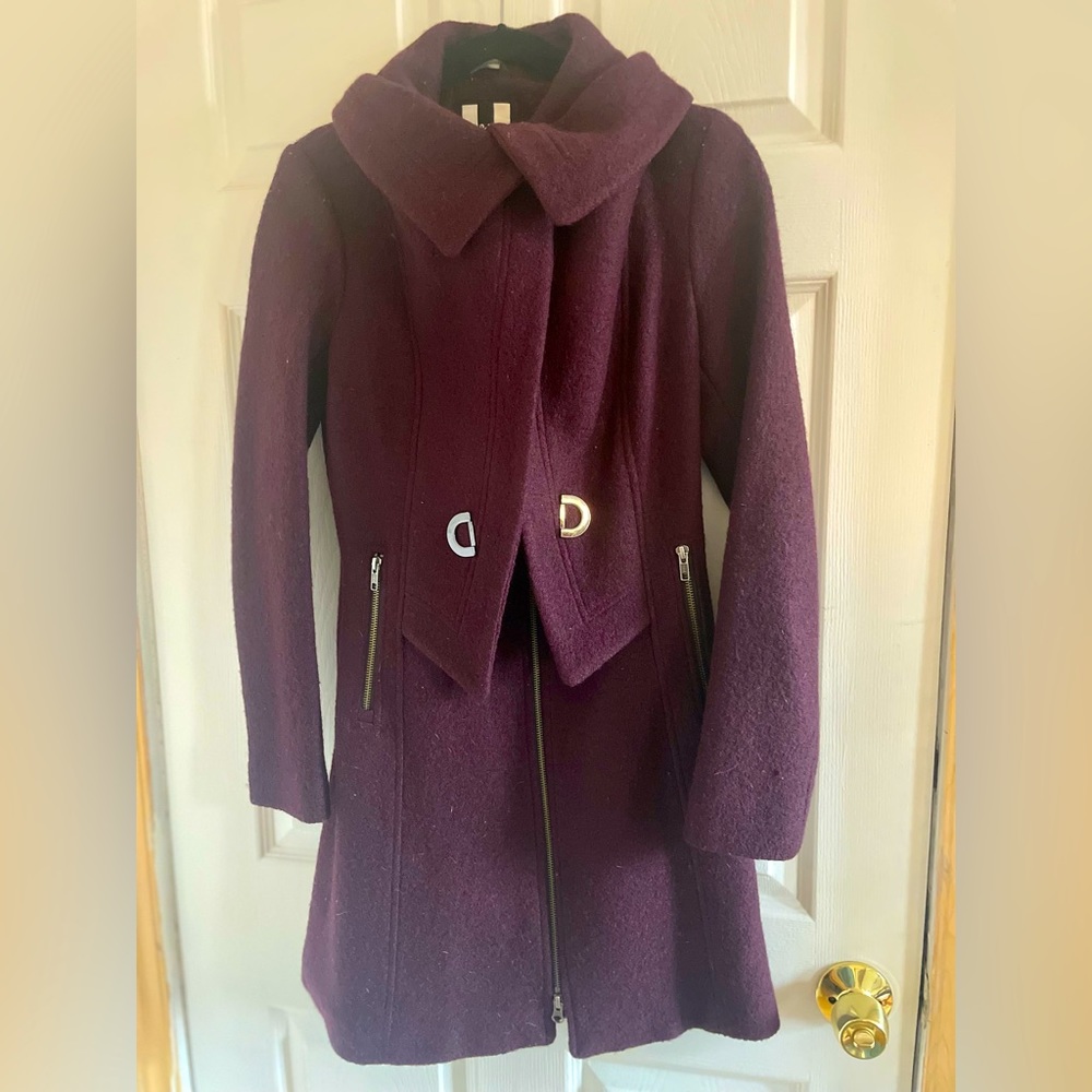SOIA & KYO Womens XS Deep Purple Wool Blend Coat Double Collar Slim Fit